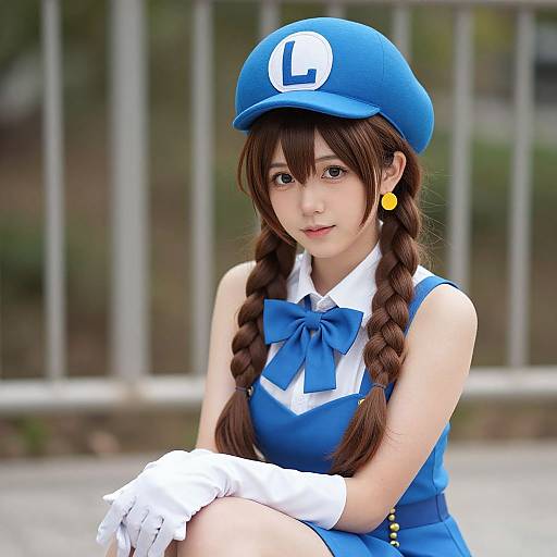Photograph of an Asian woman cosplaying as Luigi's character from Mario, with blue hat, dress, bow, white gloves, and braided hair