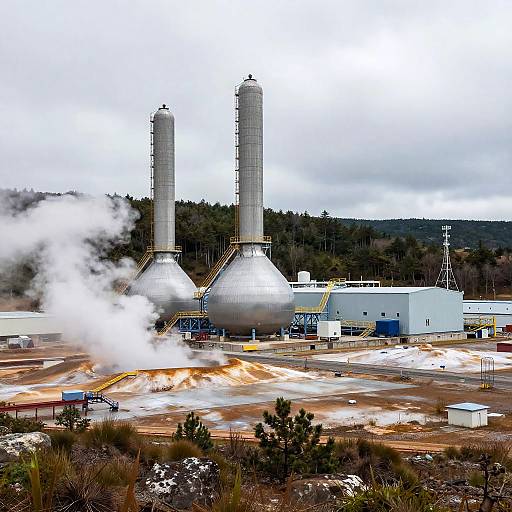 Photograph of an industrial power plant with two tall smokestacks emitting white smoke, surrounded by a barren, rocky landscape and forested background.