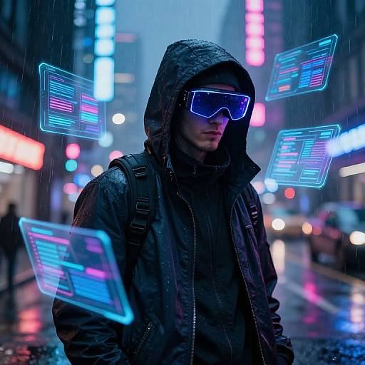 Cyberpunk photograph: hoodie-wearing man with neon blue virtual screens floating around, reflective rain-soaked street, vibrant neon lights, futuristic cityscape