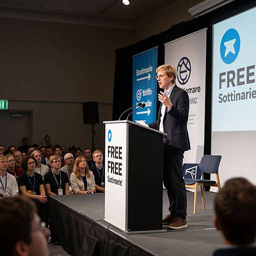 Photograph of a man in a black suit speaking at a 