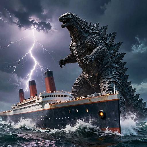 Digital artwork of a massive Godzilla emerging from turbulent ocean waves beside a dark, stormy ocean liner with lightning striking above.