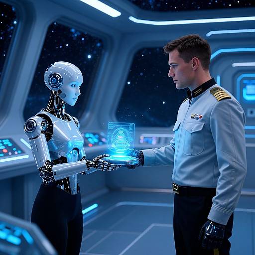 Photorealistic CGI of a male astronaut in a white uniform receiving a holographic data pad from a female humanoid robot in a futuristic spaceship control room.