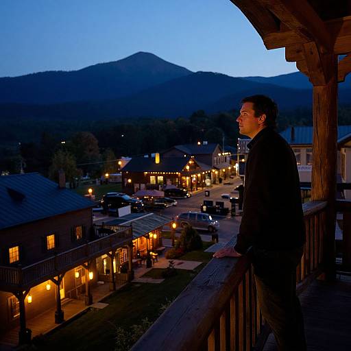 Photograph of a man in a dark coat standing on a wooden balcony at dusk, overlooking a lit-up, mountainous village street.
