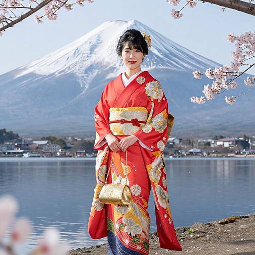 Japanese woman in red floral kimono with gold obi, standing by lake, Mt. Fuji in background, cherry blossoms overhead. Photographic image