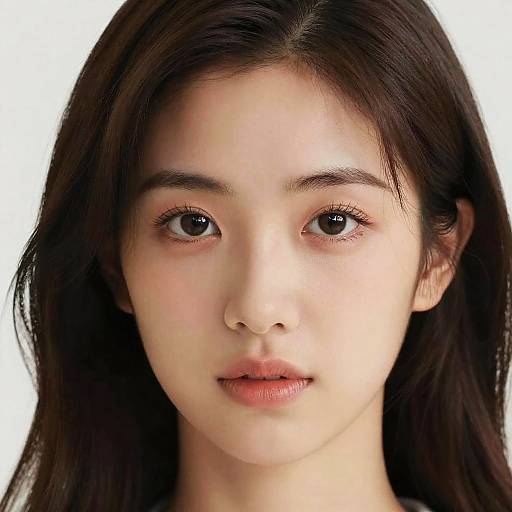 Photograph of a young Asian woman with fair skin, long dark brown hair, and soft brown eyes, gazing directly at the camera against a white