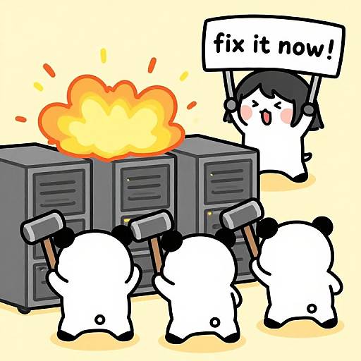 Chibi-style digital drawing of white, black-eared characters using hammers on gray lockers with a large explosion, one holding a sign reading 