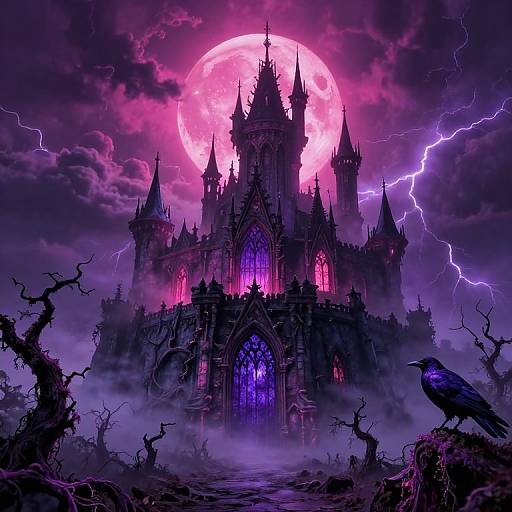 Gothic castle bathed in pink moonlight, surrounded by purple lightning, with a black crow perched on a misty, twisted tree.