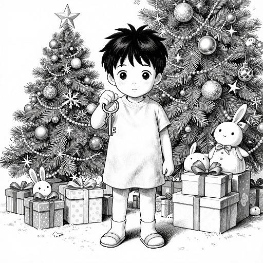 Black-and-white manga-style drawing of a young boy with messy black hair, wearing a simple dress, standing in front of two decorated Christmas trees with gifts