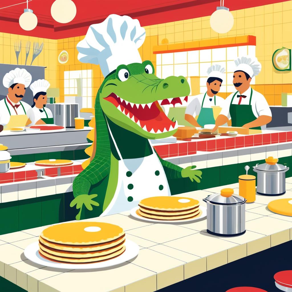 Crocodile Chef Flipping Pancakes in Diner