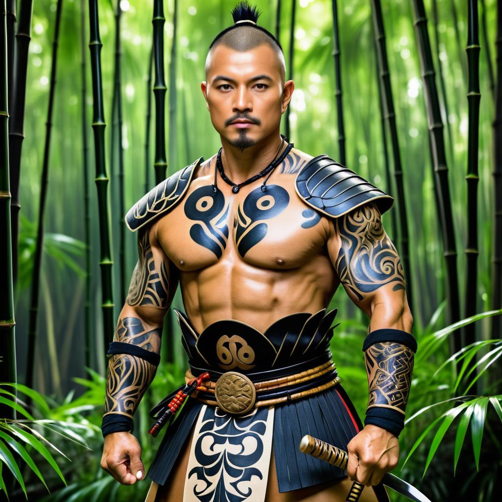 Muscular Japanese Warrior in Bamboo Forest