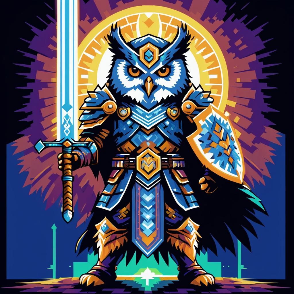 Pixel Art Owl Warrior with Holy Sword