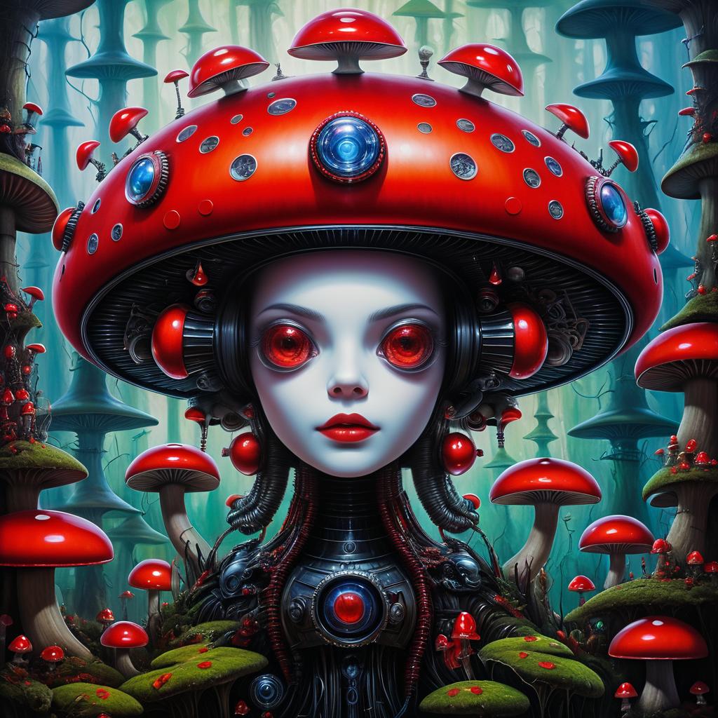 Robot in a Whimsical Mushroom Wonderland