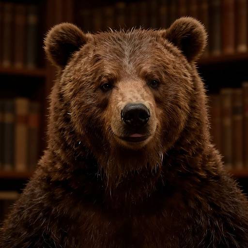 Photograph of a large, brown bear with a focused expression, centered against a blurred background of dark bookshelves. The bear's fur is dense