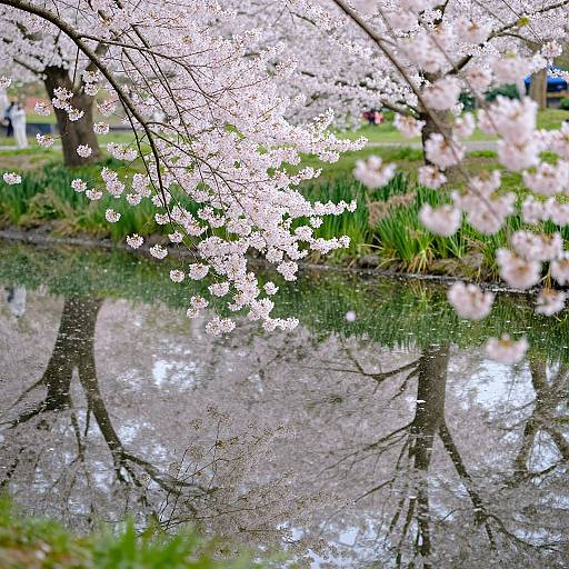 Photograph of cherry blossoms with delicate pink flowers reflected in a calm pond, surrounded by green grass and blurred park background.