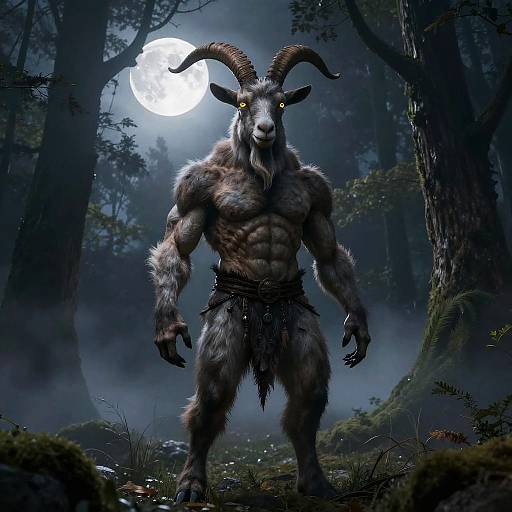 Goatman in Misty Forest Clearing