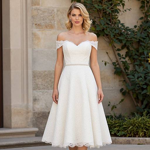 Blonde woman with wavy hair in white off-shoulder lace wedding dress, standing outdoors against stone wall and greenery. Photograph.