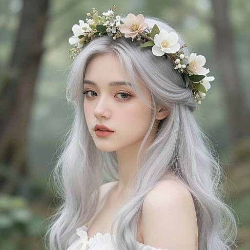 Digital artwork of a fair-skinned, ethereal woman with long, silver hair, wearing a white floral crown, set against a blurred forest background.