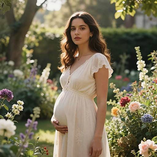 Pregnant woman with wavy brown hair in a white lace dress stands in a sunlit, colorful garden, gently cradling her baby bump