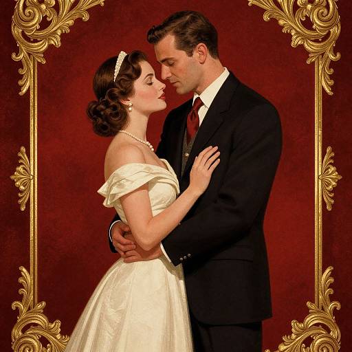 Vintage-style photograph of a couple in a romantic embrace; the woman in a white off-shoulder wedding dress, the man in a black suit,