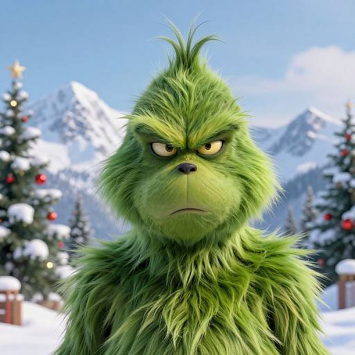CGI image of an angry, green, furry monster with yellow eyes, set against a snowy winter background with decorated Christmas trees.