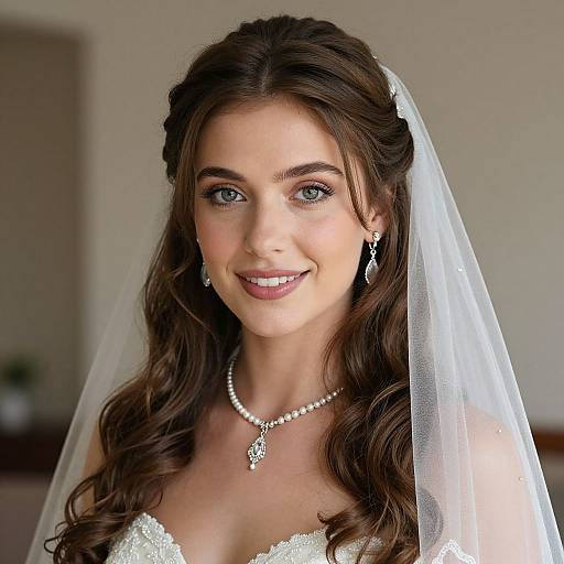 Photograph of a smiling bride with long brown hair, blue eyes, wearing a white lace dress, pearl necklace, and veil, set in a softly
