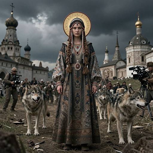 Photograph of a young woman in ornate, medieval Russian dress with long braids, golden halo, standing between two wolves, in front of Orthodox