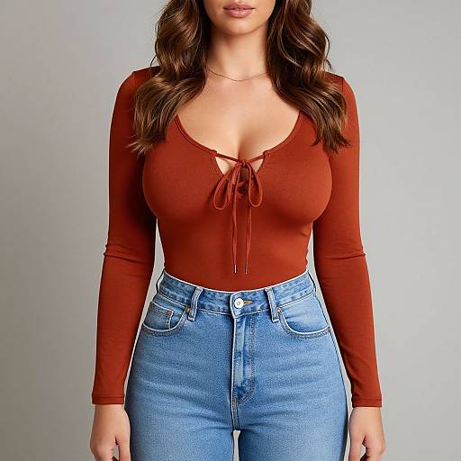Photograph of a woman with long brown wavy hair, wearing a tight, red, long-sleeve top with a lace-up neckline, and