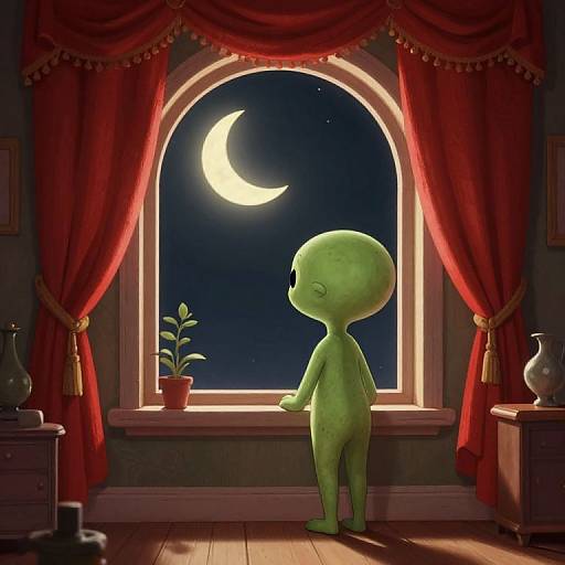 Digital illustration of a green, alien-like child gazing at a crescent moon through an arched window with red curtains. Potted plant and vintage