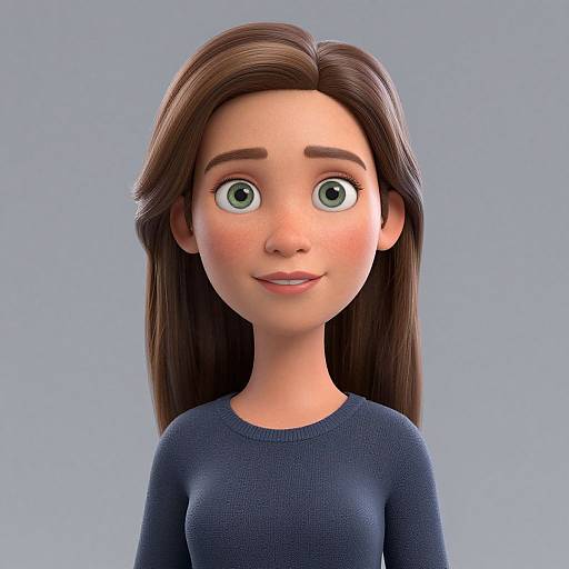 CGI 3D portrait of a cute young woman with large green eyes, brown hair, and a navy blue sweater, smiling against a plain gray