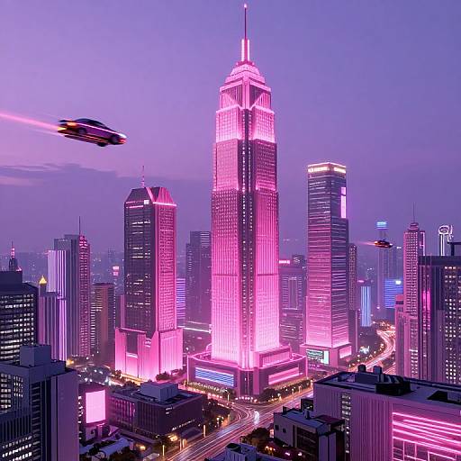 Neon-lit futuristic cityscape at dusk, featuring a towering pink illuminated skyscraper, flying blimp, and glowing high-rises, with vibrant