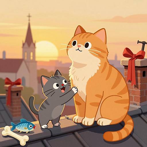 Whimsical Rooftop Cats at Sunset