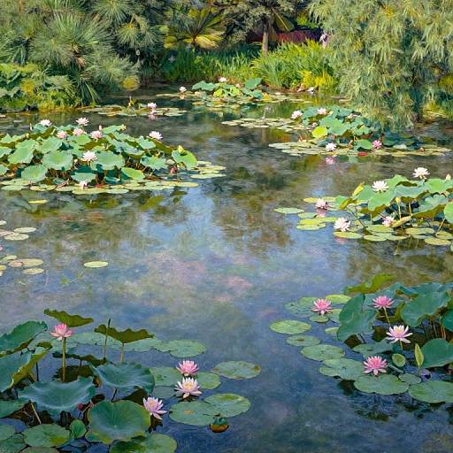 Photograph of a serene pond with pink water lilies, green lily pads, and reflective water, surrounded by lush greenery.