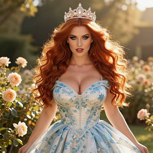 Photograph of a fair-skinned, red-haired woman with voluminous curls, wearing a blue floral corset dress and silver tiara, standing in
