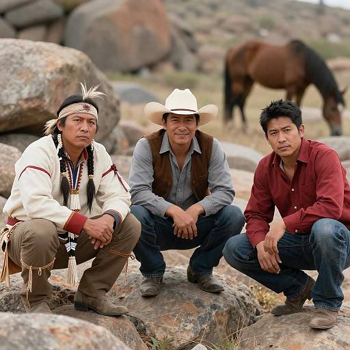 Three Men Among Rocks and Horses