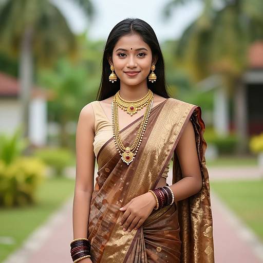 Photograph of a beautiful Indian woman with long black hair, wearing a gold and brown saree, intricate jewelry, and traditional accessories, standing in a