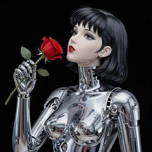 Digital art of a silver robotic woman with black hair, holding a red rose to her nose, against a black background.