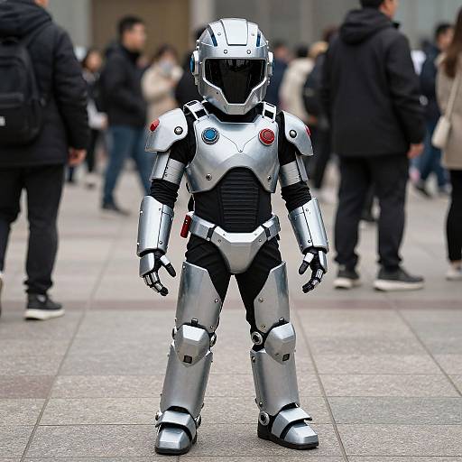 Person in Robot Costume on Tiled Floor