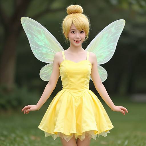 Digital artwork of a cheerful blonde fairy with translucent wings, wearing a yellow dress and bun hairstyle, standing in a green park.