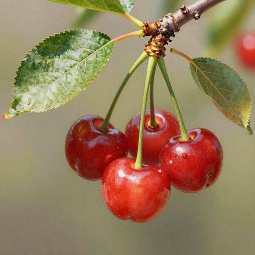 Photograph of four ripe, glossy red cherries with green leaves on a brown stem, set against a soft blurred background.