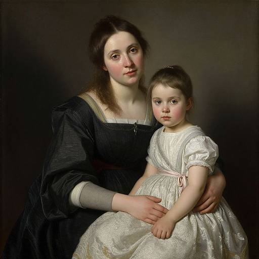 Photorealistic painting of a fair-skinned woman in a black dress holding a young girl in a white, patterned dress, both with light brown