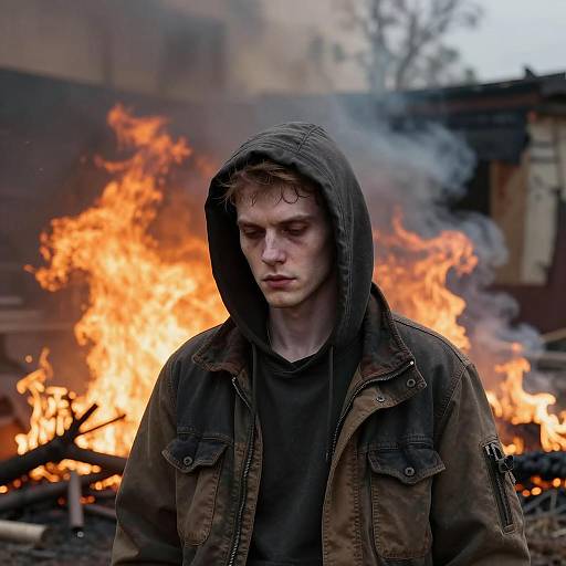 Mysterious Man Amidst Fiery Chaos