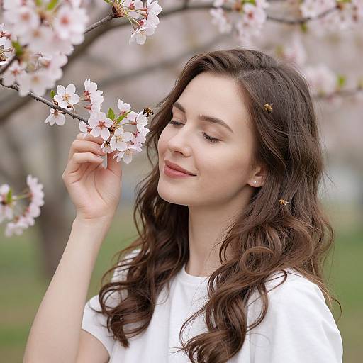 Photograph of a smiling young woman with wavy brown hair, wearing a white shirt, gently touching pink cherry blossoms against a blurred spring background.