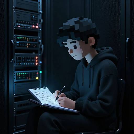 Pixelated boy in black hoodie writes in notebook, illuminated by screen, in front of colorful server racks. Digital art style.