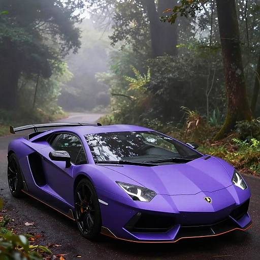 Photograph of a sleek, purple Lamborghini Gallardo with black wheels and red accents parked on a foggy, forest path.