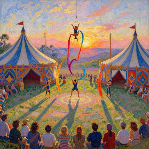 Vibrant circus scene at sunset, acrobat with colorful ribbons performs between two striped tents, audience seated in foreground, sunset sky. Digital painting