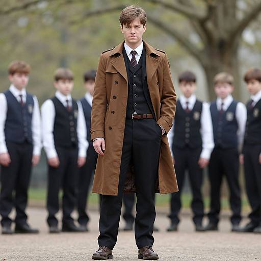 Photograph of a young white boy in a brown trench coat, black vest, tie, and trousers, standing in front of a blurred group of similarly