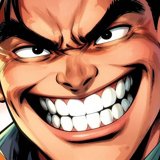 Close-up digital drawing of an angry, grinning man with intense eyes, thick black eyebrows, and large white teeth, showcasing a sinister expression.