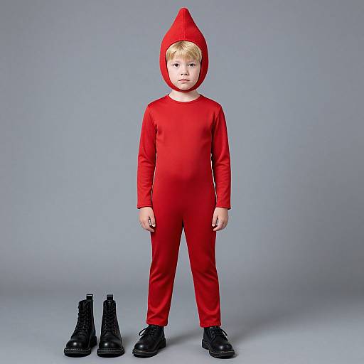 Photograph of a young boy with blond hair, wearing a red hooded onesie and black boots, standing against a gray background.