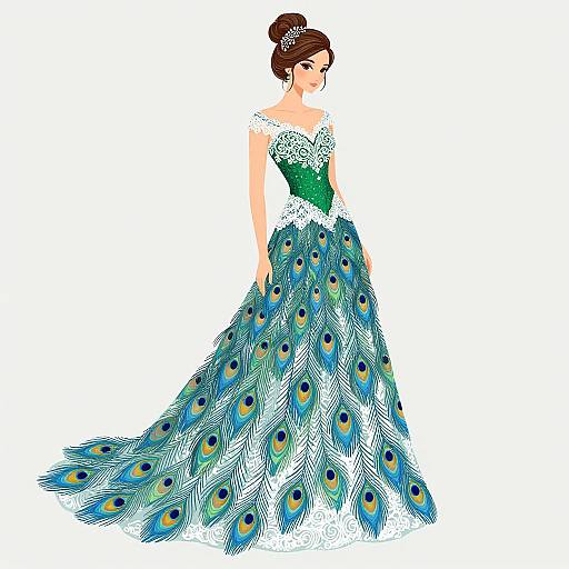 Digital illustration of a woman in a green and white lace bodice, wearing a peacock-feathered ball gown with a long train, brown hair