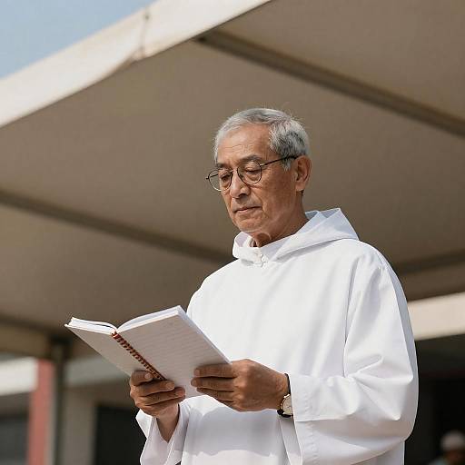Older Man in White Hooded Robe Reading Notebook
